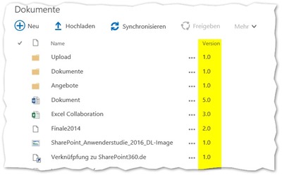 Neue Versionsspalte in Dokumentenbibliothek