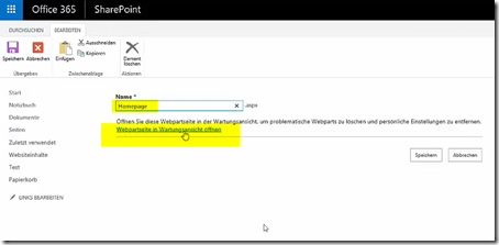 Webpartseite in Wartungsansicht